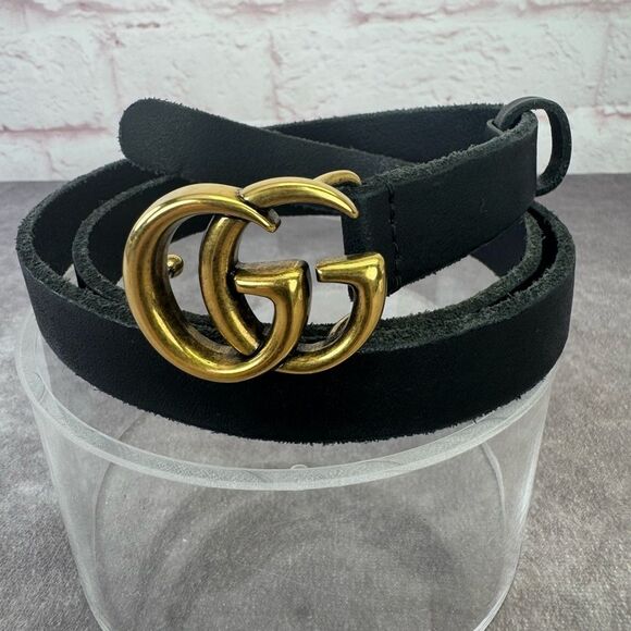 Gucci Distressed Edge Black Belt Gold Double GG Buckle 409417 85/34 - Picture 2 of 9